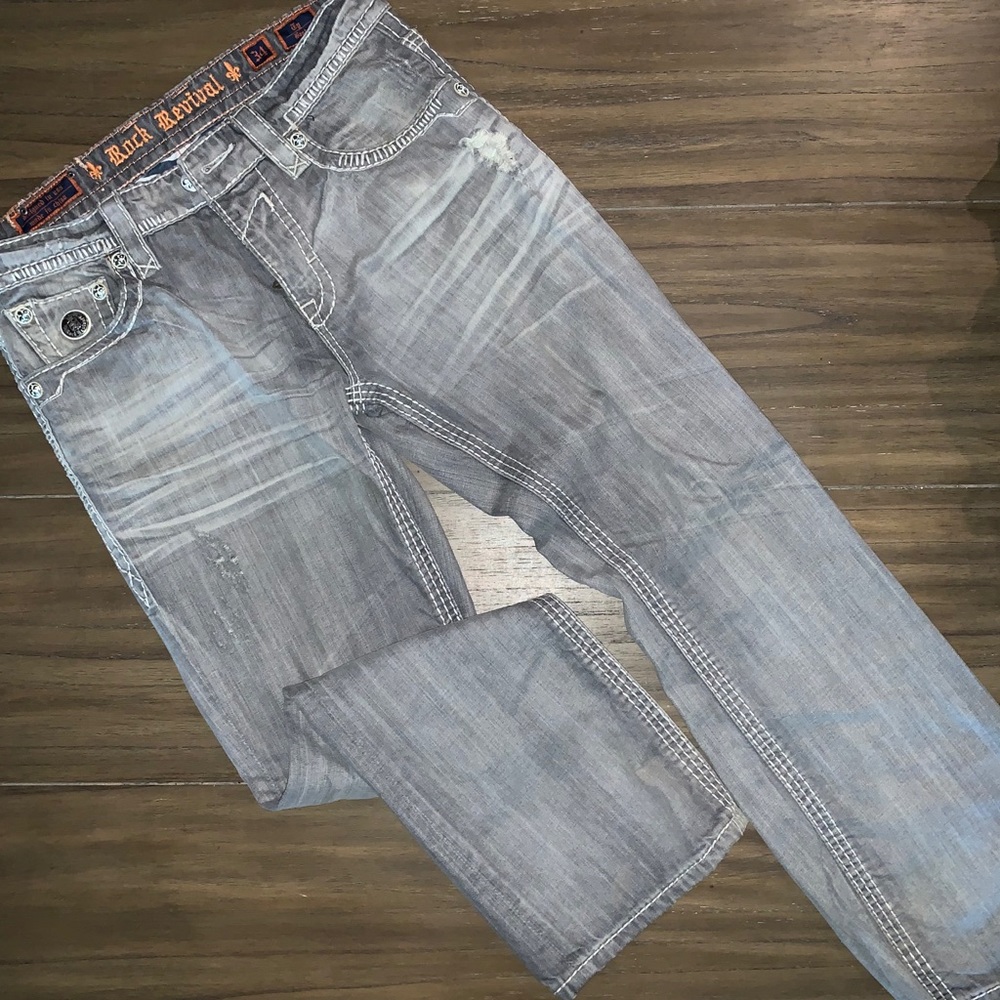 Rock Revival MENS s Light Gray Distressed Jeans 33x31.5